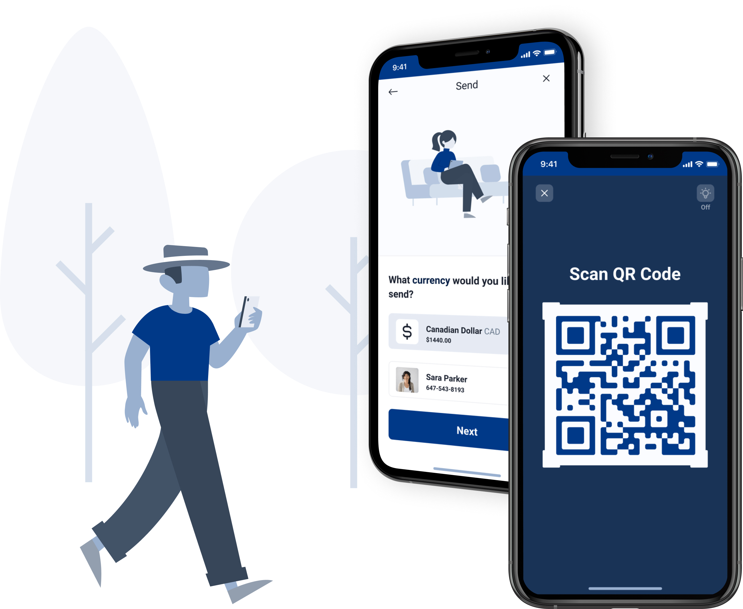 Man walking with cellphone, and two mockups, one with a screenshot of the "Send" screen, and the other of a QR code.