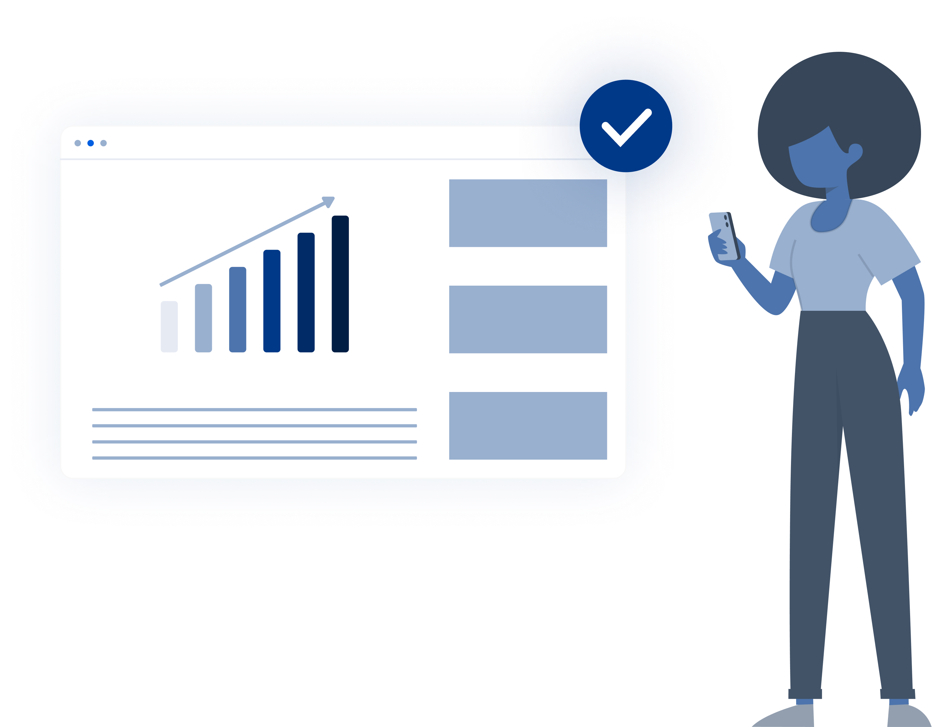 Illustration of a woman holding a cell phone in front of a chart showing a bar diagram increasing in size..